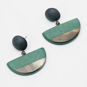 Aqua Wood and Shell Half Moon Earrings