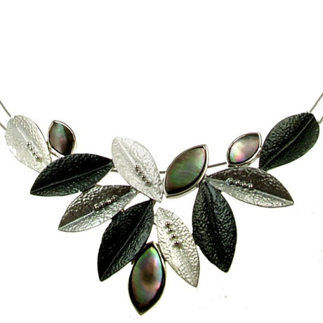 Grey Silver Color Abalone Leaf Magnetic Clasp Closure Art to Wear Pendant Necklace