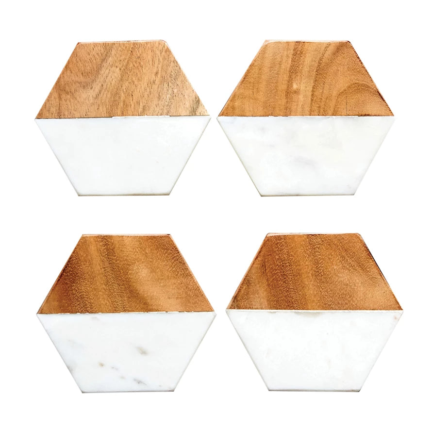 Mango Wood and White Marble Coaster Set of Four