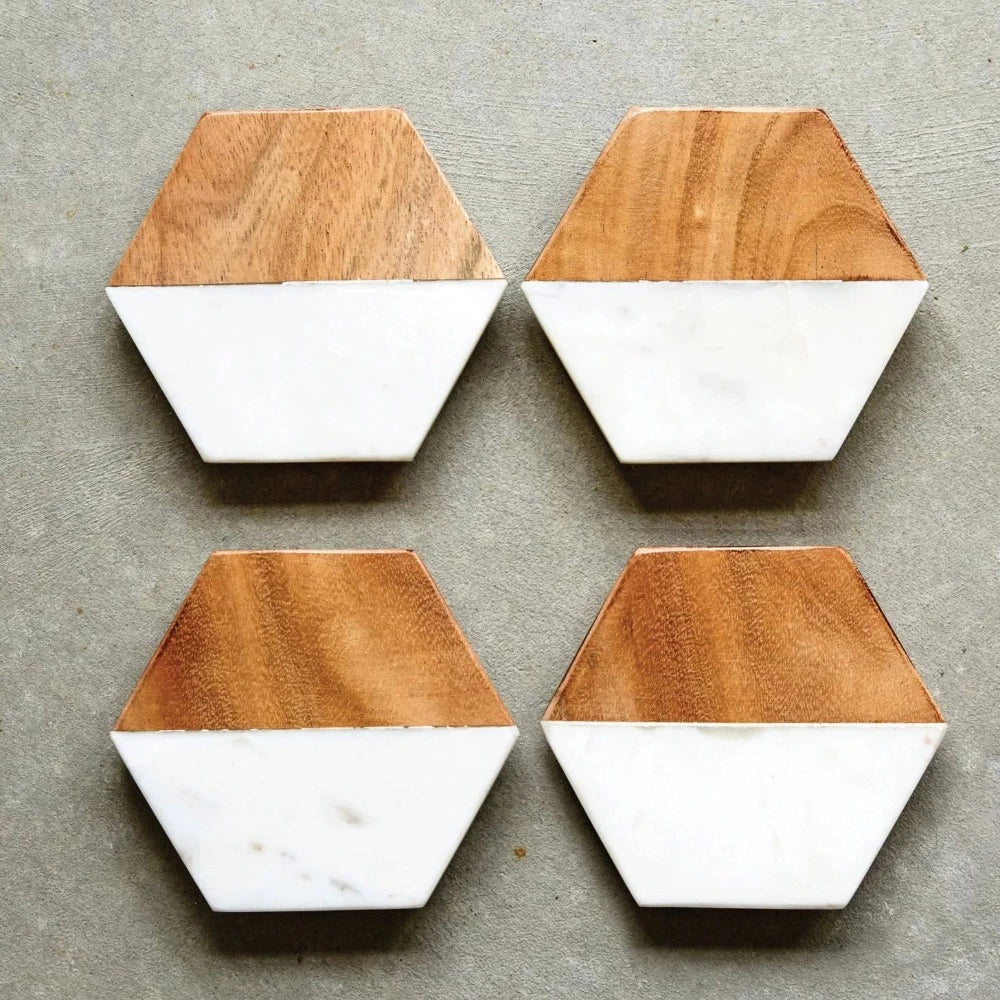 Mango Wood and White Marble Hexagon Coaster Set of Four