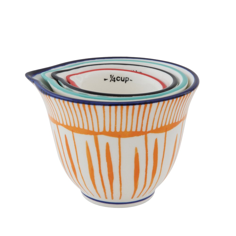 Colorful Striped Stoneware Kitchen Measuring Cups Set - Hello World