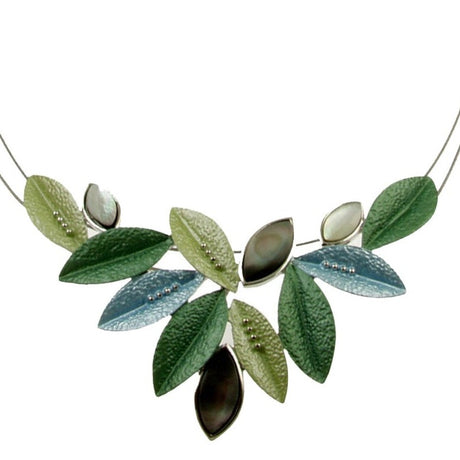 Blue Green Color Abalone Leaf Magnetic Clasp Closure Art to Wear Pendant Necklace