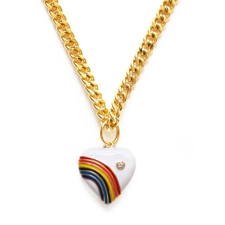 Retro Style Rainbow Heart Pendant Gold Plated Cuban Chain Necklace