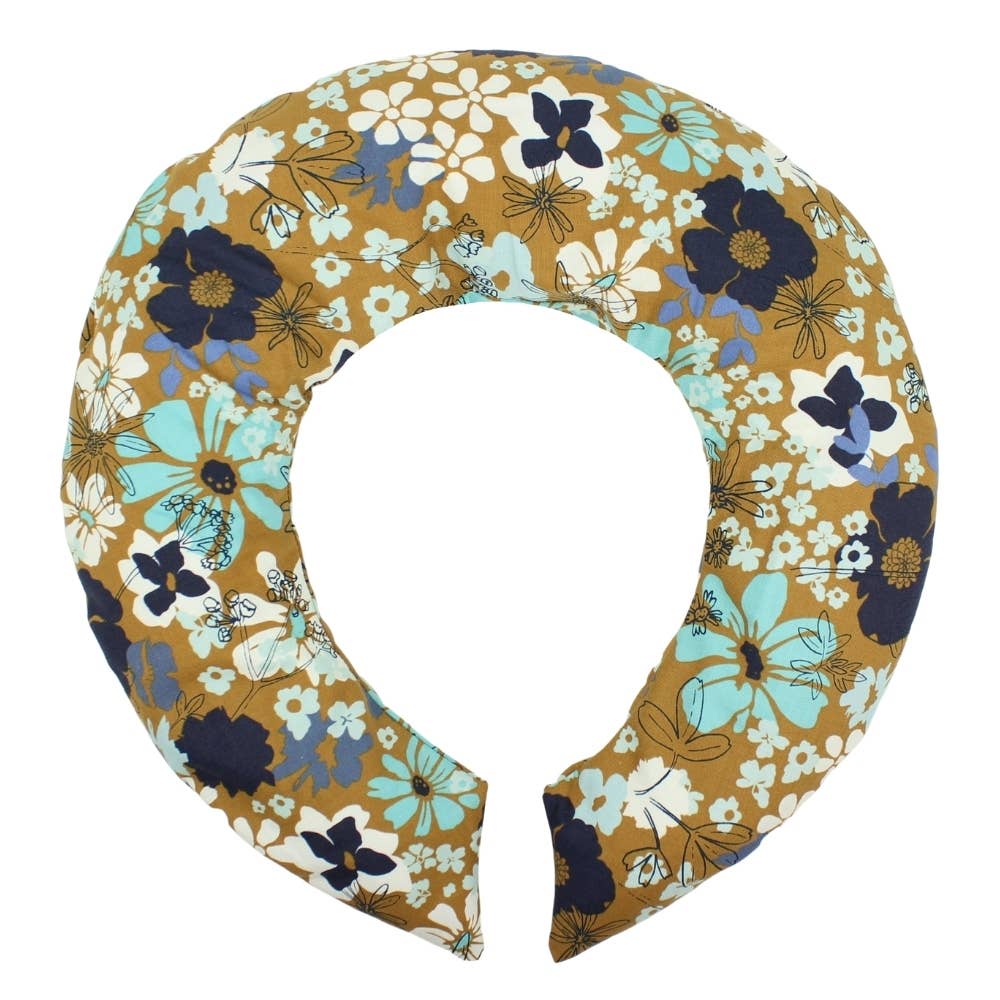 Caramel brown and Aqua blue floral cotton print. Filled with flaxseed and lavender. Heating and cooling aromatherapy neck pillow.