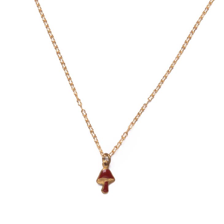 Tiny Red Mushroom Charm Necklace Goldplated Brass Chain