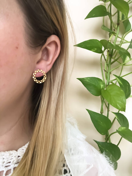 Goldtone Stud Checkered Circle Post Back Handmade Earrings lifestyle.