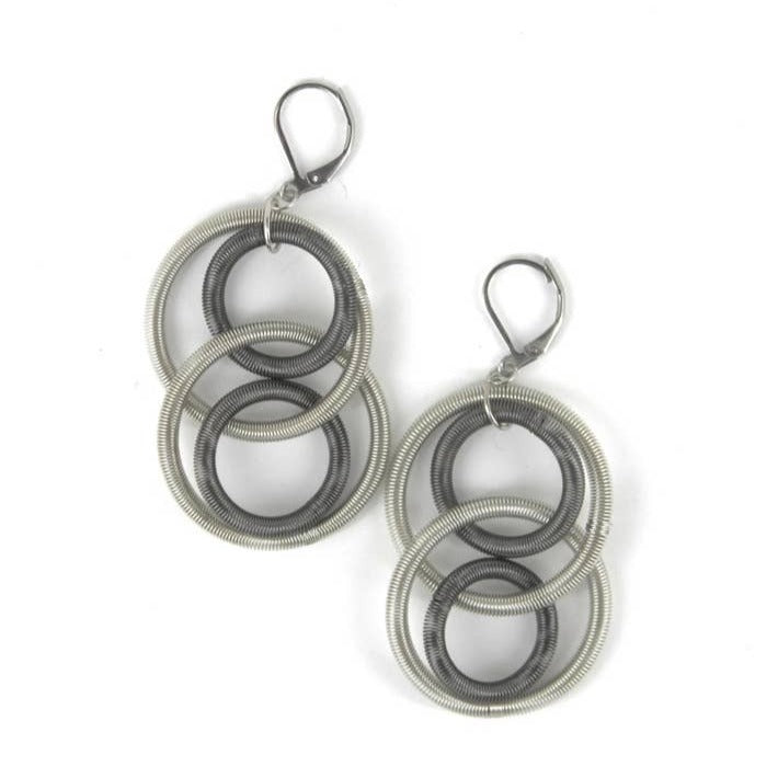 Slate Grey & Silver Tone Piano Wire Loop Dangle Earrings