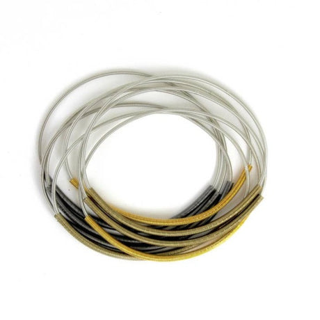 Multi Tone Gold Bronze Slate Grey Sleeve Silver Piano Wire Layering Bracelet Set