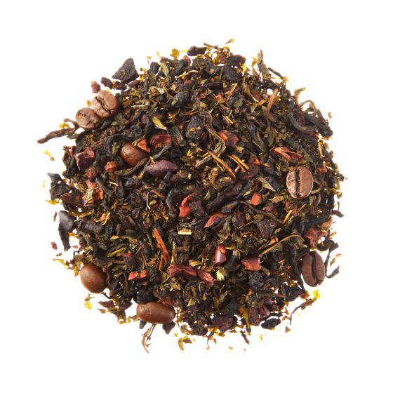 Cleanse Dark Tea With Chicory Root & Cocoa Nibs by Pinky Up. Ingredients: Dark tea, coffee beans, chicory root, peppermint, cocoa nibs, natural flavoring. Caffeine Free.