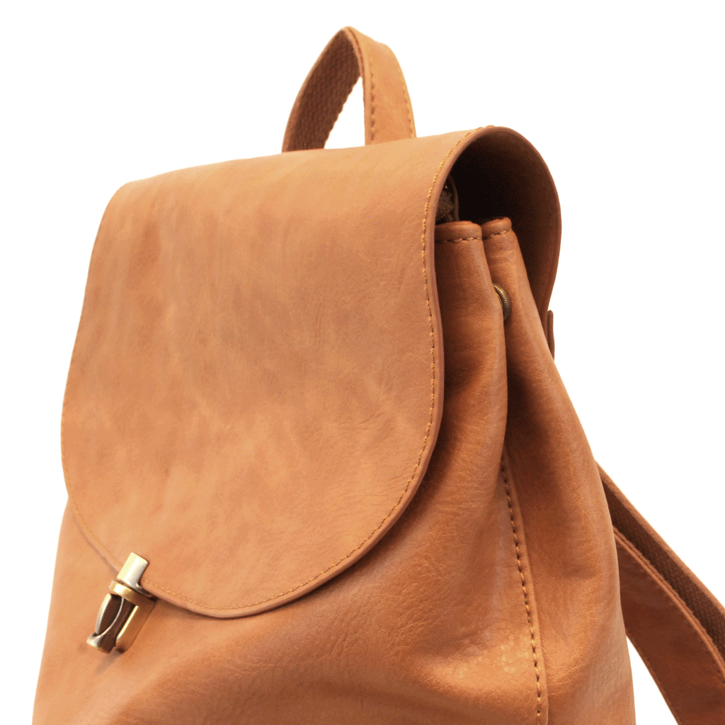 Camel Brown Vegan Leather Colette Backpack Close Up Hardware View