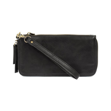 Black Vegan Leather Chloe Zip Around Wallet Wristlet - Front View