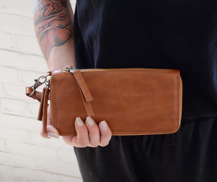 Chicory Brown Vegan Leather Chloe Zip Around Wallet Wristlet - Lifestyle View