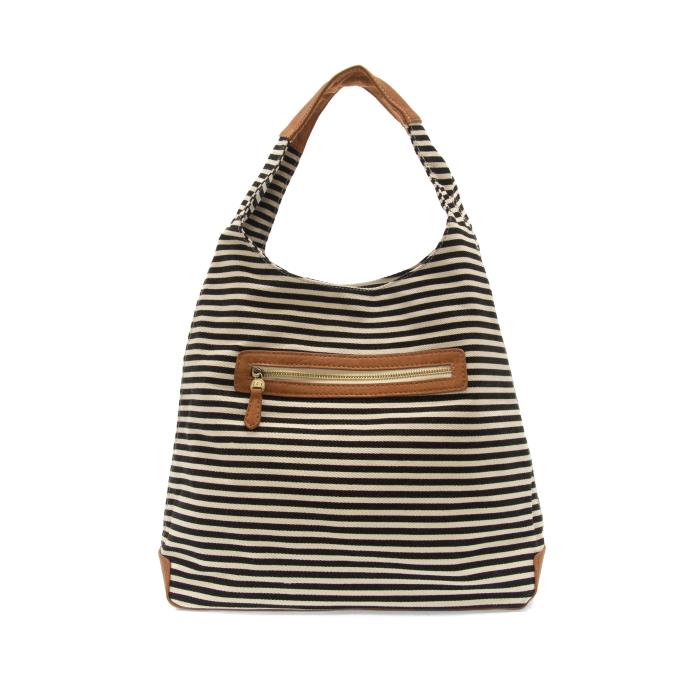Black and White Striped Color Canvas and Vegan Leather Accents April Hobo Handbag L8171-04