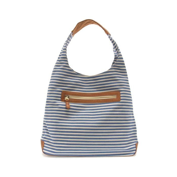 Blue and White Striped Color Canvas and Vegan Leather Accents April Hobo Handbag L8171-06