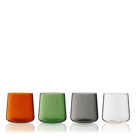 Aurora Cocktail Tumblers Colored Wine Glass Set Includes 1 Amber, 1 Green, 1 Smoke, and 1 Clear Glass Tumbler