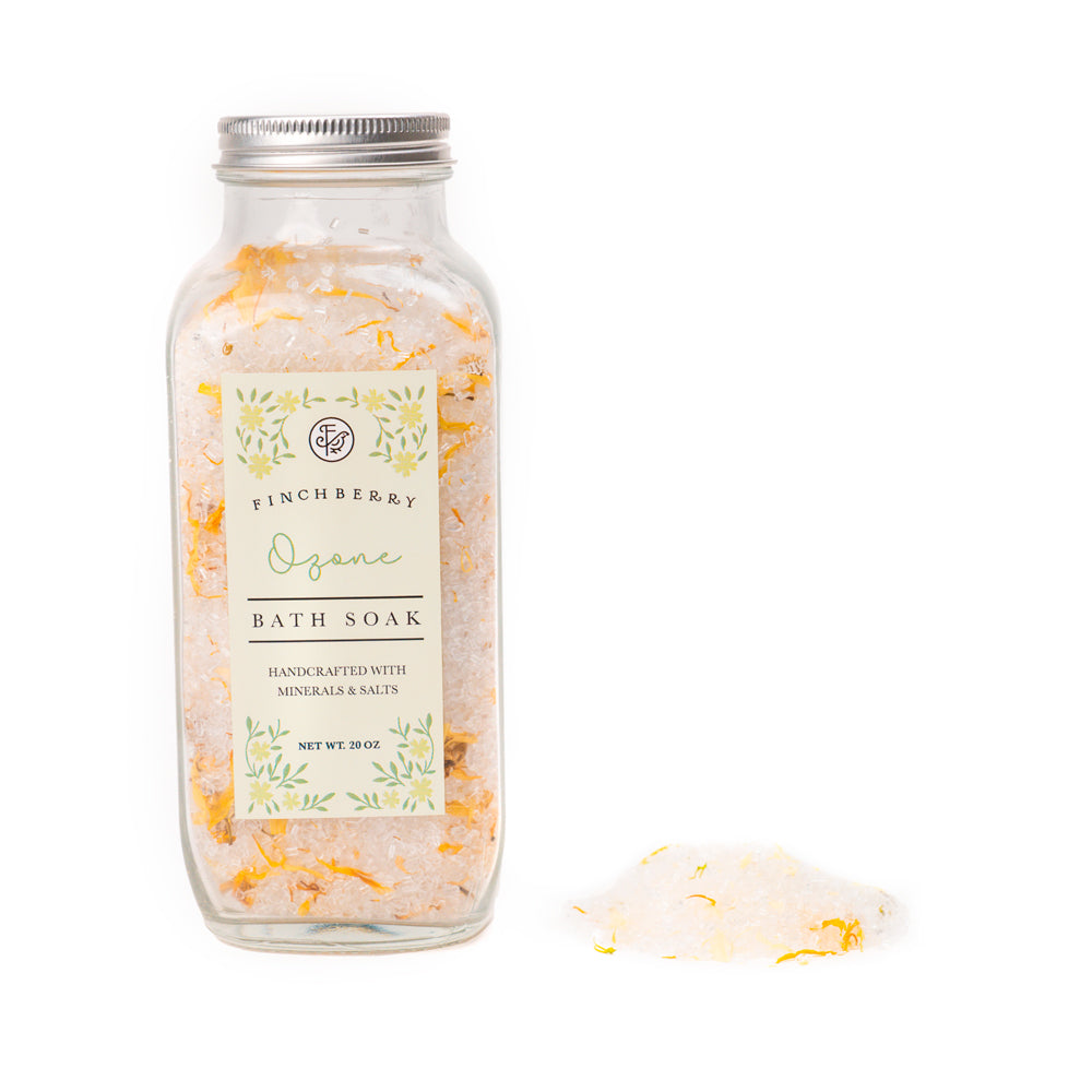 Finchberry Bath Soak Ozone made with epsom salts, herbs, and minerals.