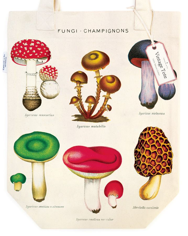 Vintage Print Canvas Tote Bag - Mushrooms