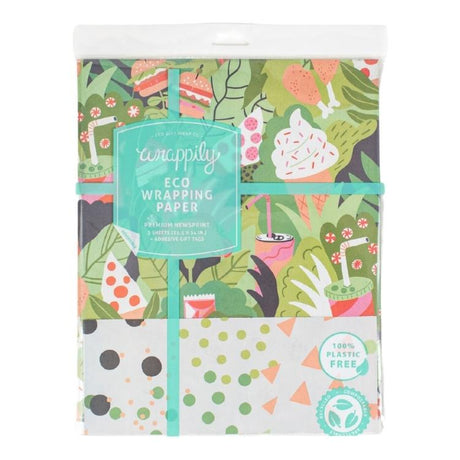 Wrappily Eco Gift Wrapping Paper. Double Sided Newsprint Made in the USA. Plants 'n Junk/Geo Dots.