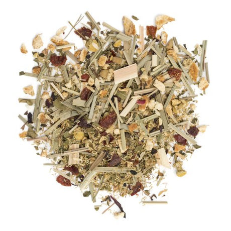 Pinky Up Loose Leaf Chamomile Citrus Tea. Ingredients include organic rosehips, organic orange peel, organic chamomile, and more organic herbs and flowers.