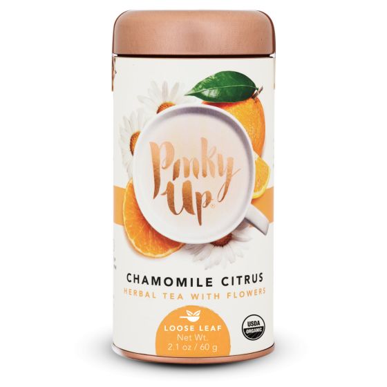 Pinky Up Chamomile Citrus Herbal Tea with Flowers. Loose leaf tea tin. Net Wt. 2.1oz.